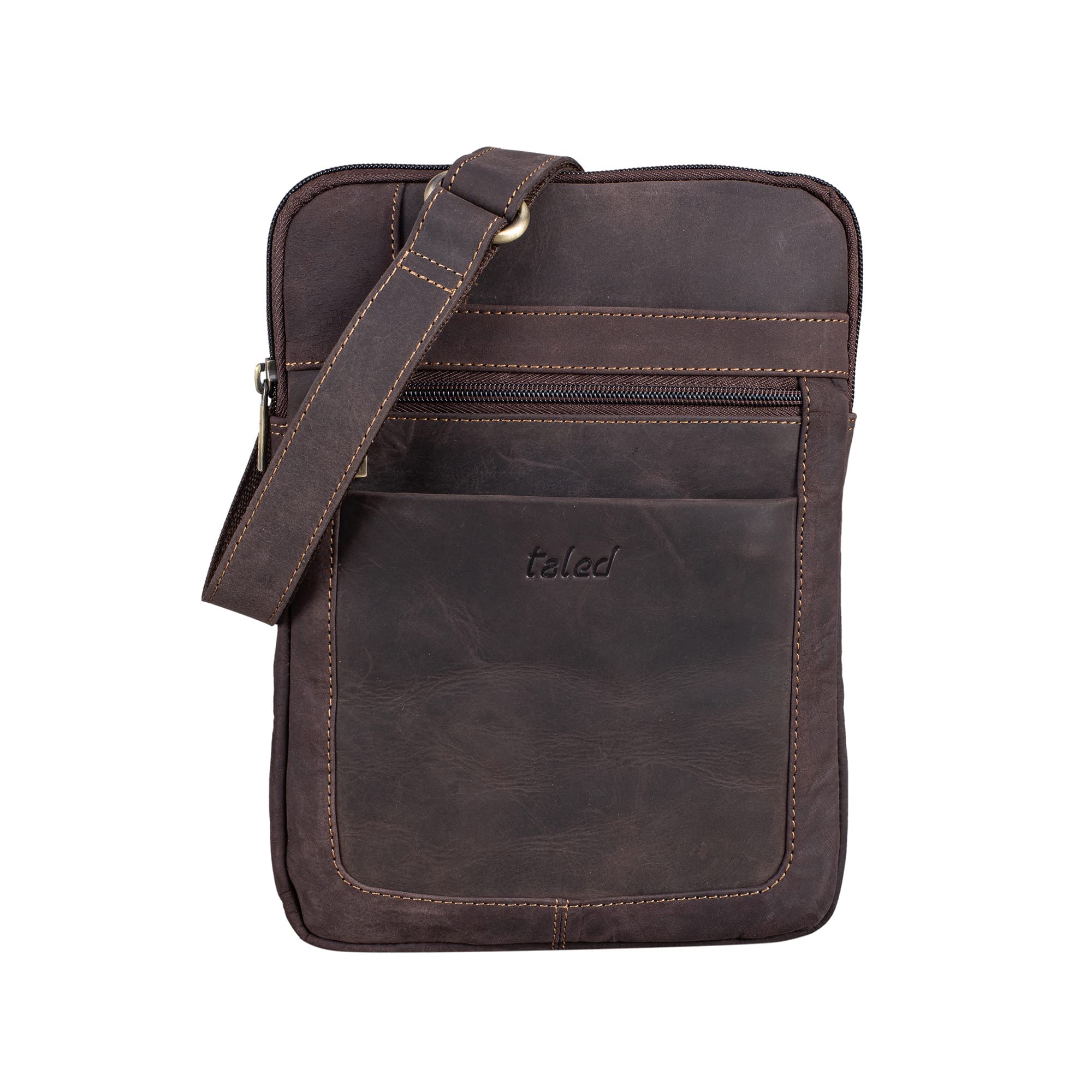 TALED Leder Umhängetasche Herren & Damen I Messenger Bag mit Schultergurt I Schultertasche I Arbeitstasche I Tragetasche I Handtasche I Echtleder Tasche I Nature Dunkelbraun