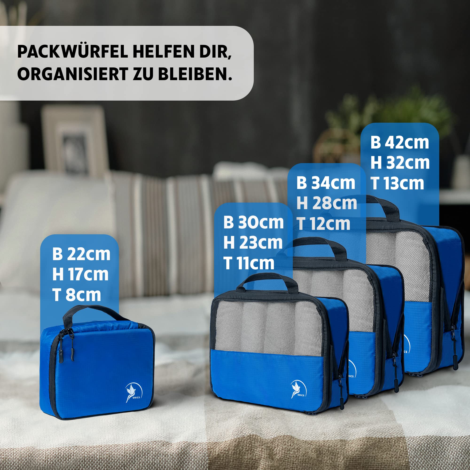 Obics - 5-teilige Kompression Packtaschen Set inkl. Schuhbeutel für Koffer & Rucksack - Packing Cubes Packwürfel - Reise-Organizer Packbeutel für Kleidung & Schuhe - Kleidertaschen Kofferorganizer