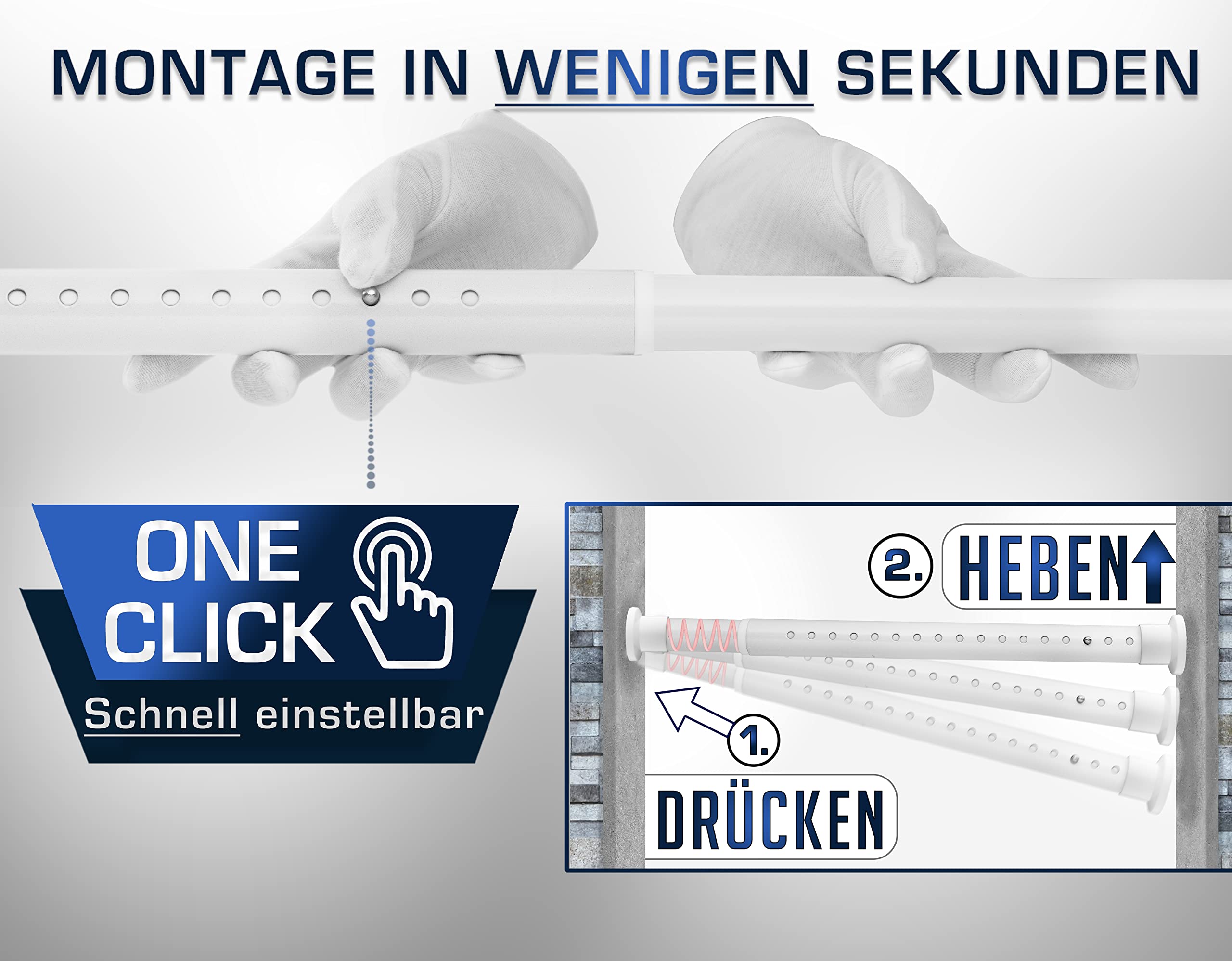 MEISENBERG Duschvorhangstange ohne Bohren 110-160cm, Ø32mm weiße Klemmbare Rostfreie Vorhangstange Ausziehbar - Teleskopstange, Duschstange & Kleiderstange - für ihre Garderobe und Dusche