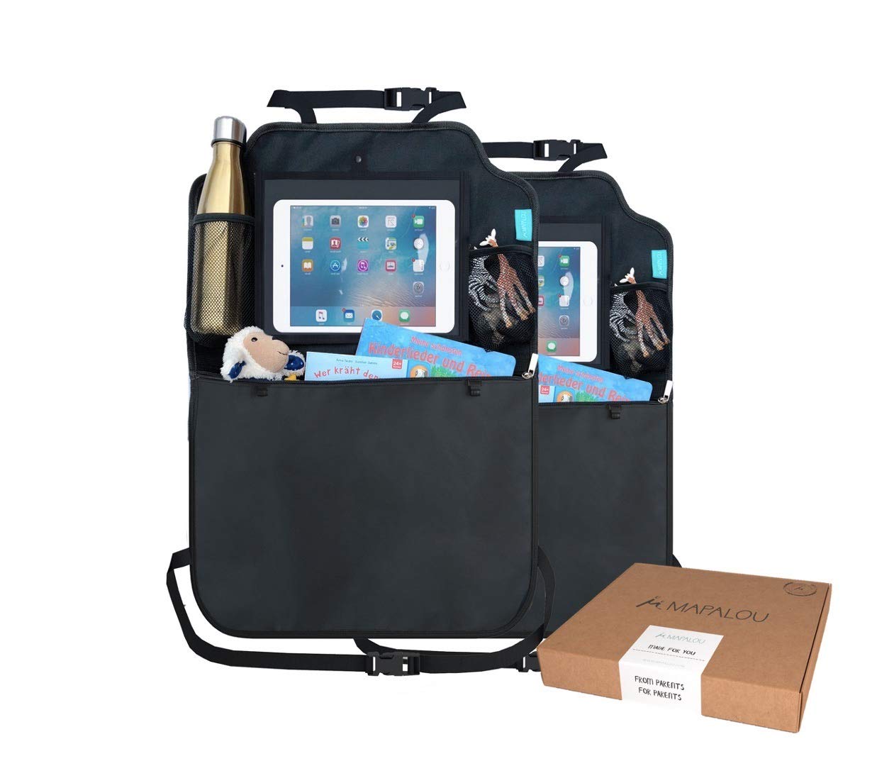 MAPALOU Rückenlehnenschutz Auto (2 Stück) Premium Rücksitz Organizer + Taschen & Tablet iPad Fach | Sitzschutz wasserdicht Autositzschoner Rückenlehne Kinder Schutz Rücksitzschoner Autositz (Schwarz)