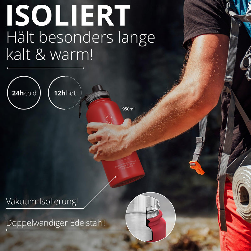 Trinkflasche Edelstahl ACTIVE FLASK + Strohhalm (3 Deckel) BPA-frei, Auslaufsicher, Kohlensäure geeignet - Wasserflasche Fahrrad Thermosflasche Isoliert Isolierflasche Sport Wasser Flasche Kinder Tee