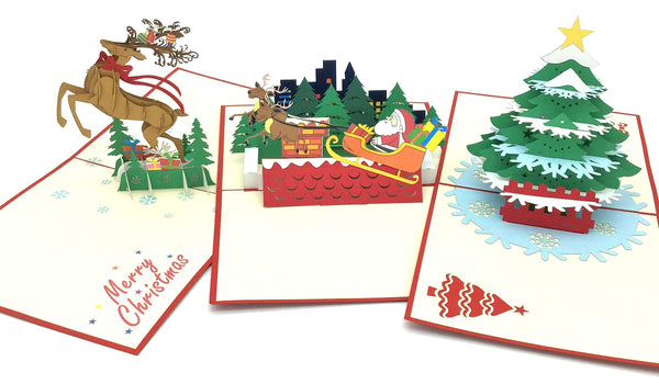 Dreiklang - be smart Weihnachten, 3er Set Pop Up 3D Merry Christmas schöner Papierschnitt Weihnachten Motive Weihnachtsbaum Rentier Schlitten mit Santa Claus Gutschein Geschenkideen