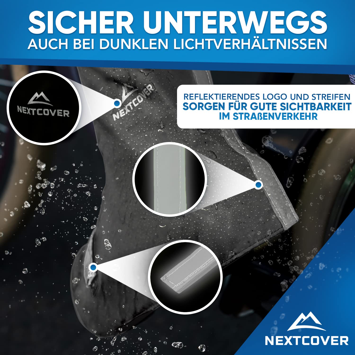 Nextcover Universelle Überschuhe Fahrrad I 100% Wind-& wasserdichte Fahrrad Überschuhe für effektiven Schutz vor Nässe I Reflektierende Regenschutz Schuhe I Schuhüberzieher Fahrrad (Schwarz, 40-43)