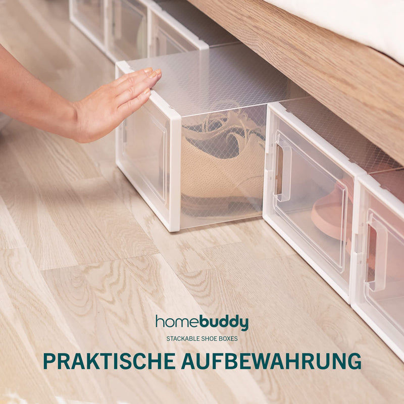 HomeBuddy Schuhbox - 6 Schuhboxen Stapelbar - Stabile Schuhaufbewahrung - Schuhboxen Stapelbar Transparent mit Rückseitiger Lüftung - Transparenter Schuhorganizer mit Bambuskohle-Desodorierer