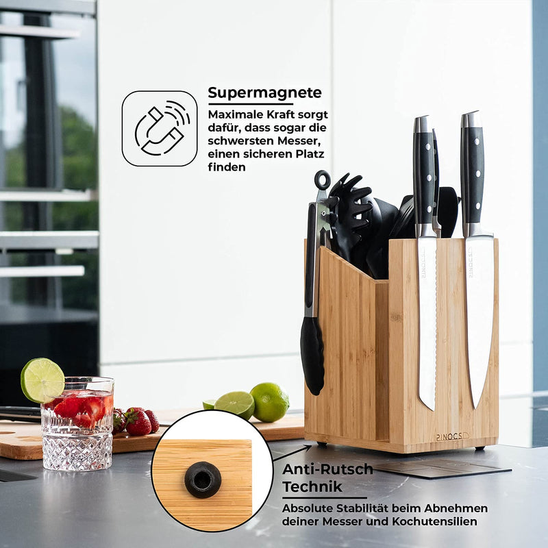 Pinocs-All-in-one, Bambus Messerblock/Utensilienhalter, perfekt für kleine Küchen, Messerblock ohne Messer, Messerhalter, Utensilienhalter, Extra starke Magnete, Hygienisch, smartes Design