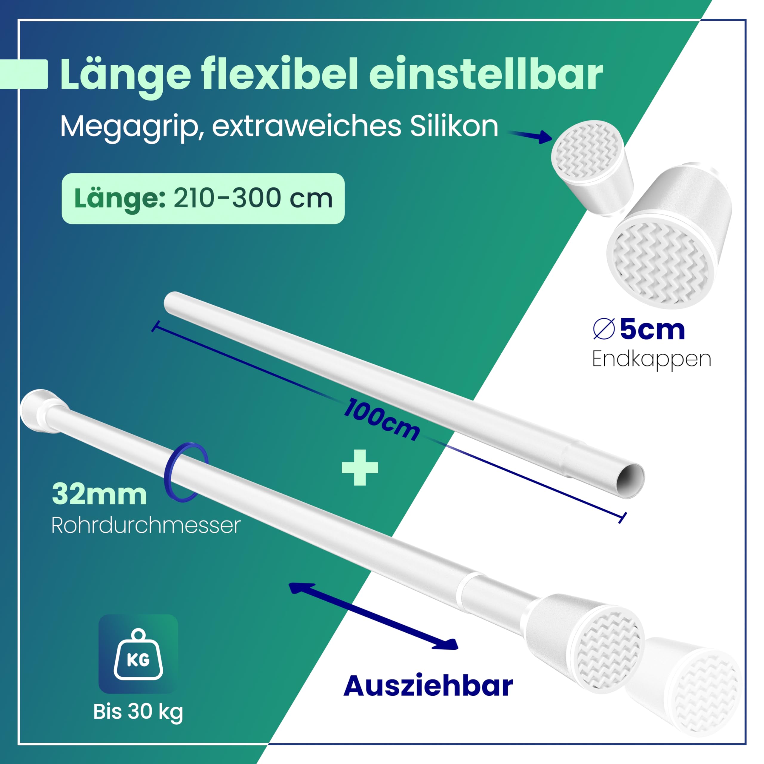 LOBUX® - Gardinenstange ohne bohren [weiß, 210-300cm] – Teleskopstange Vorhang ausziehbar – Duschstange ohne bohren – Vorhangstange, Duschvorhangstange, Kleiderstange, Klemmstange Katzennetz