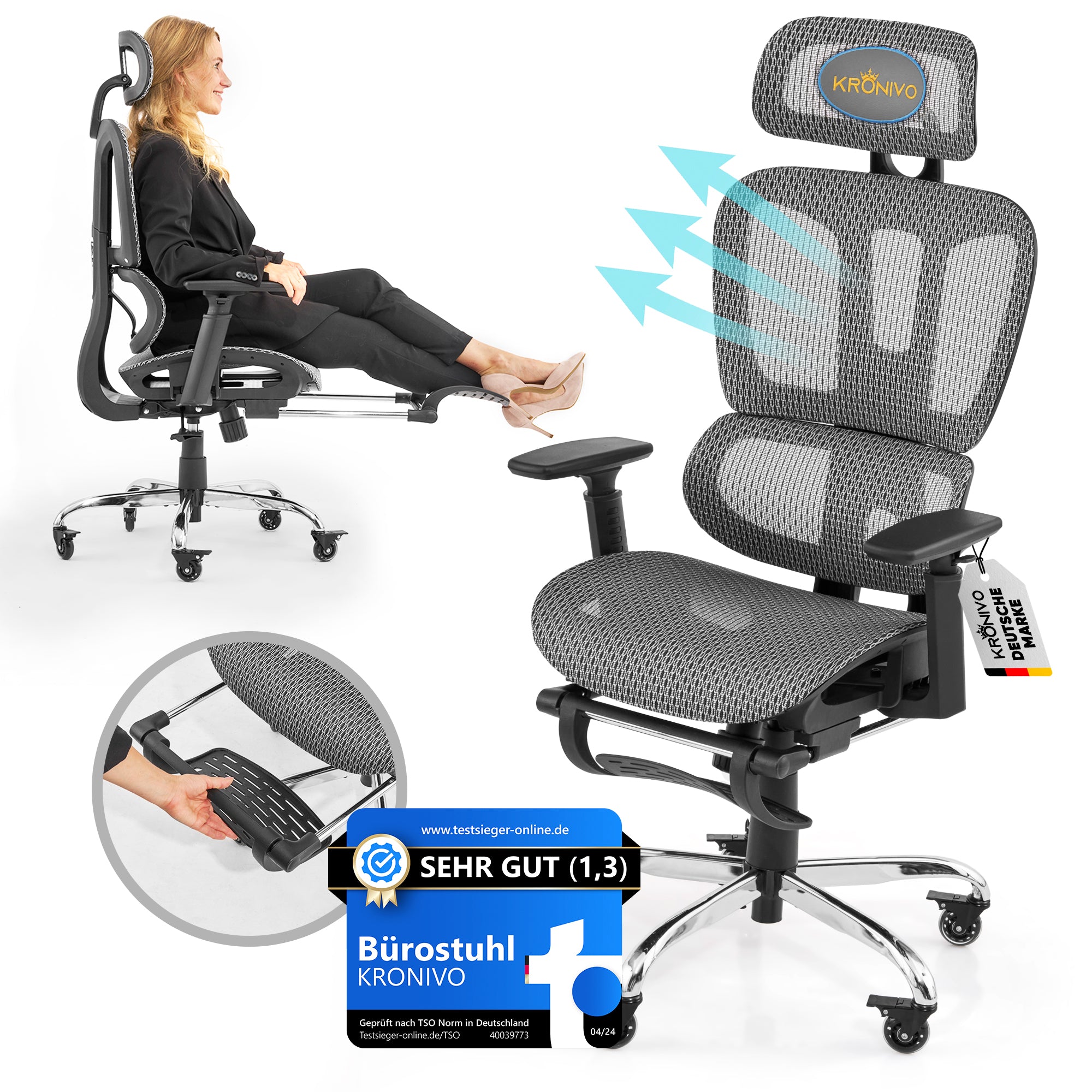 KRONIVO Bürostuhl Ergonomisch, Schreibtischstuhl mit Fußstütze | Office Chair Ergonomic mit Kopfstütze Armlehnen Lendenwirbelstütze | Schreibtisch Stuhl mit Rollen rückenschonend bis 200kg