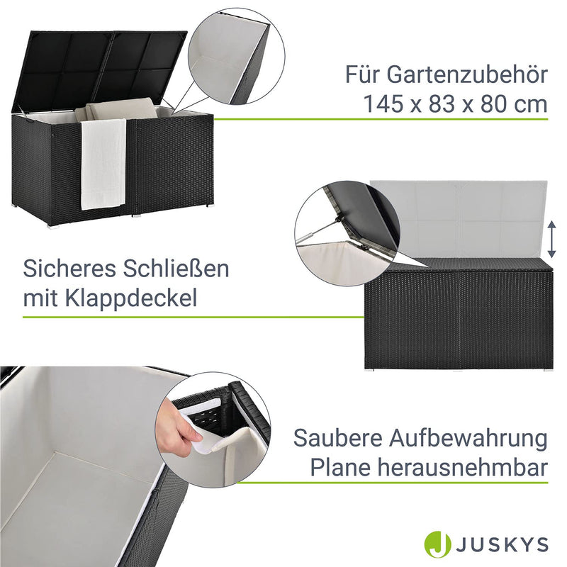 Juskys Polyrattan Auflagenbox Ikaria 950 L mit Deckel mit Hubautomatik & Innenplane — Kissenbox 145 x 82 x 79 cm für Garten — Gartenbox schwarz