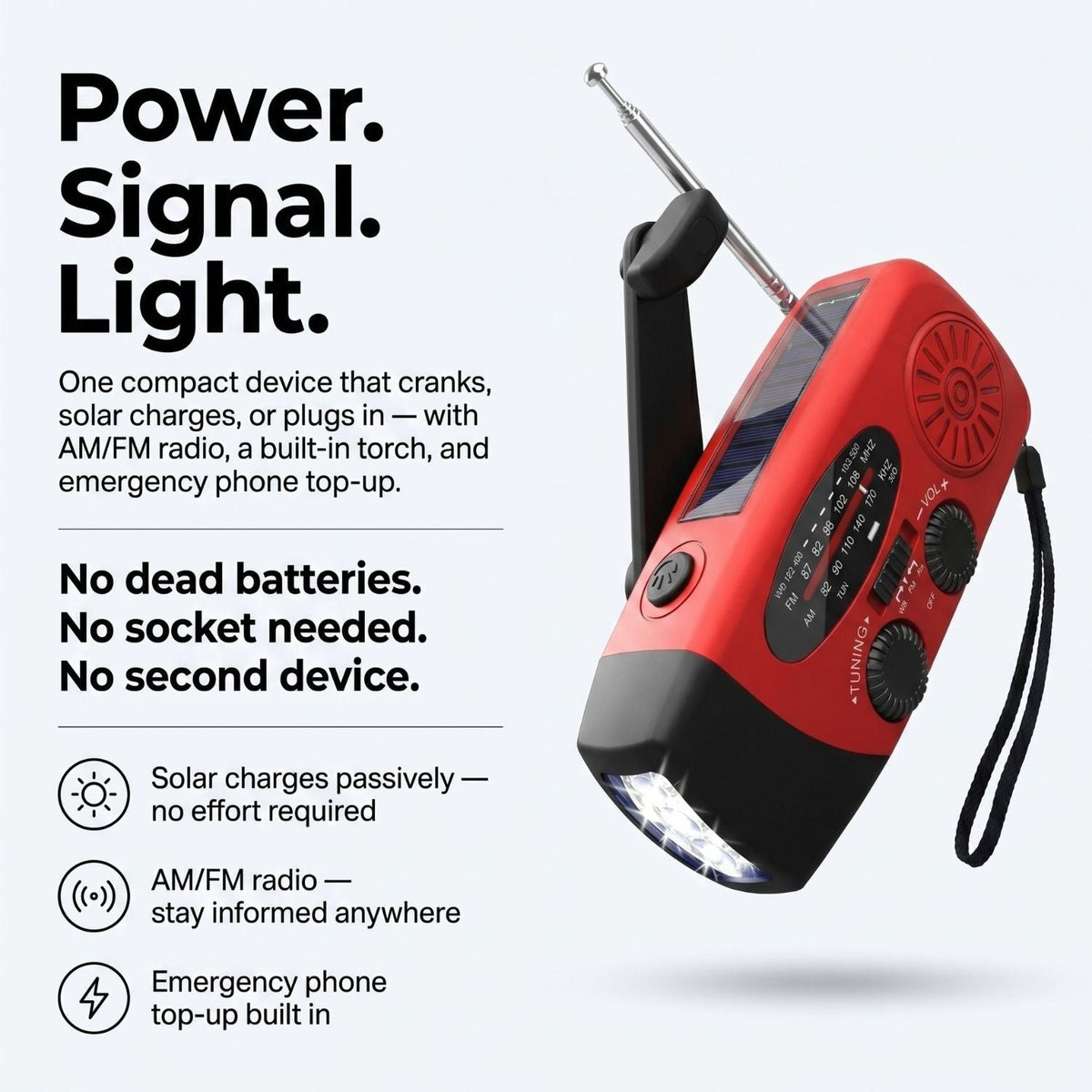 Notfall-Kurbelradio – Solar- und USB-wiederaufladbares Wetterradio mit Taschenlampe