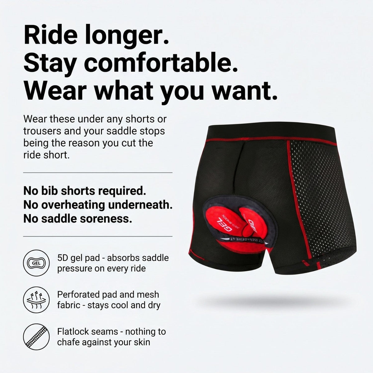 Herren gepolsterte Rad-Unterhose – 5D-Gelpolster, atmungsaktiv