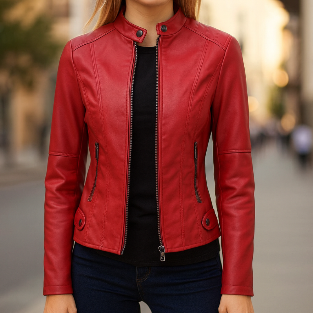 Kunstlederjacke Damen – Figurbetonte Jacke mit Stehkragen & Reißverschluss | Eleganza Jacket