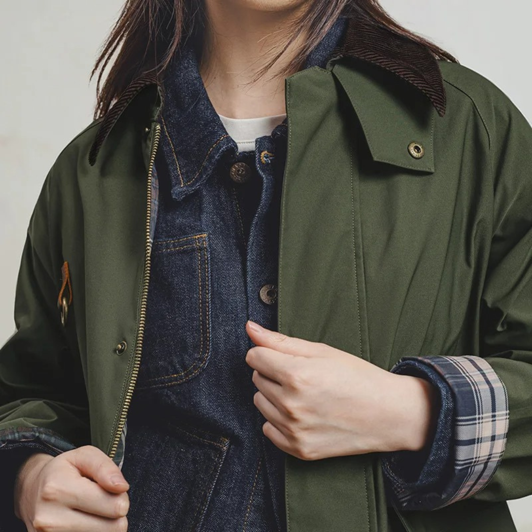 Jacke Damen Retro Grün mit Cordkragen & Reißverschluss – Highland Barn Jacket