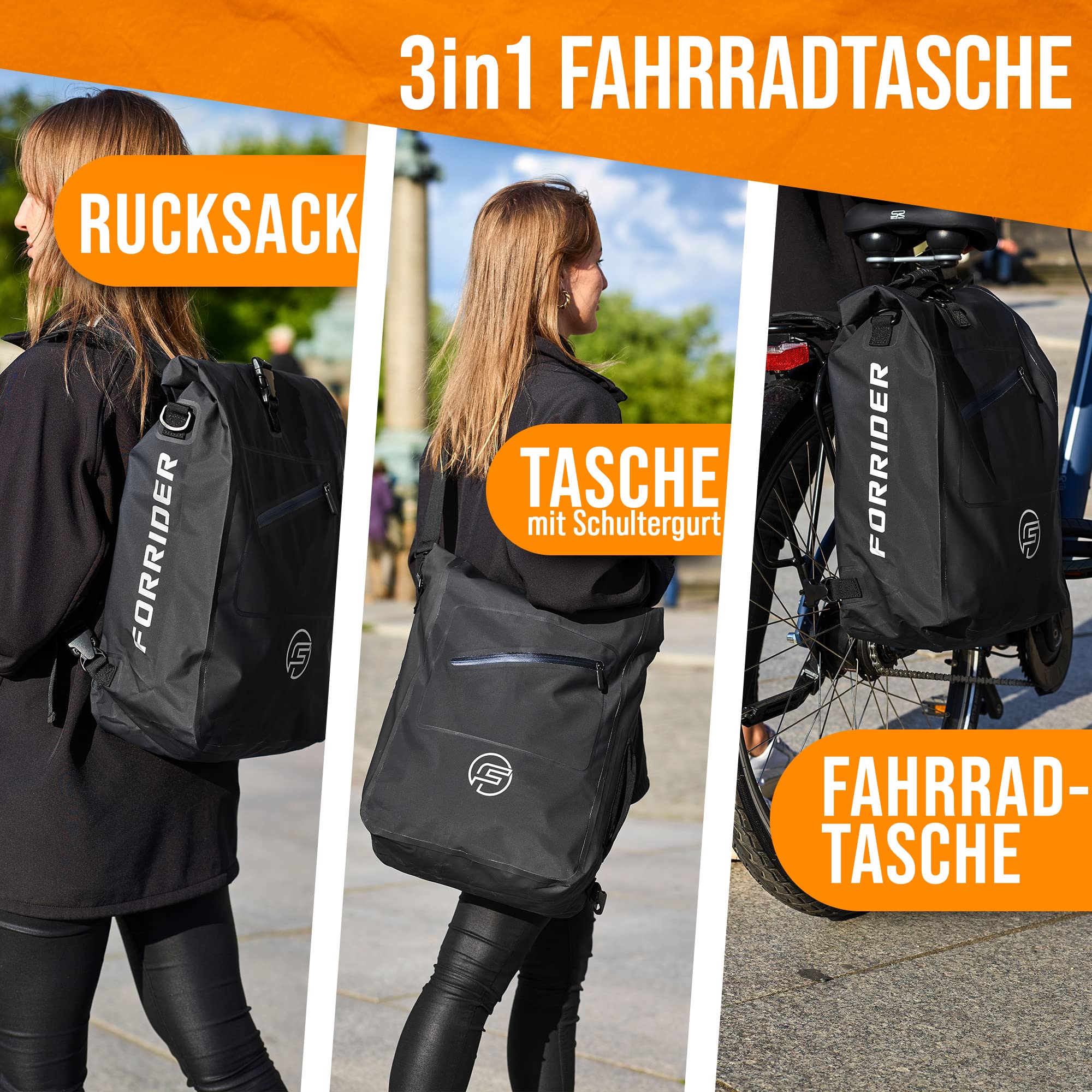 Forrider 3in1 Fahrradtasche für Gepäckträger mit Rucksack Wasserdicht 27L I Gepäckträgertasche Reflektierend I Sattel Tasche fürs Fahrrad