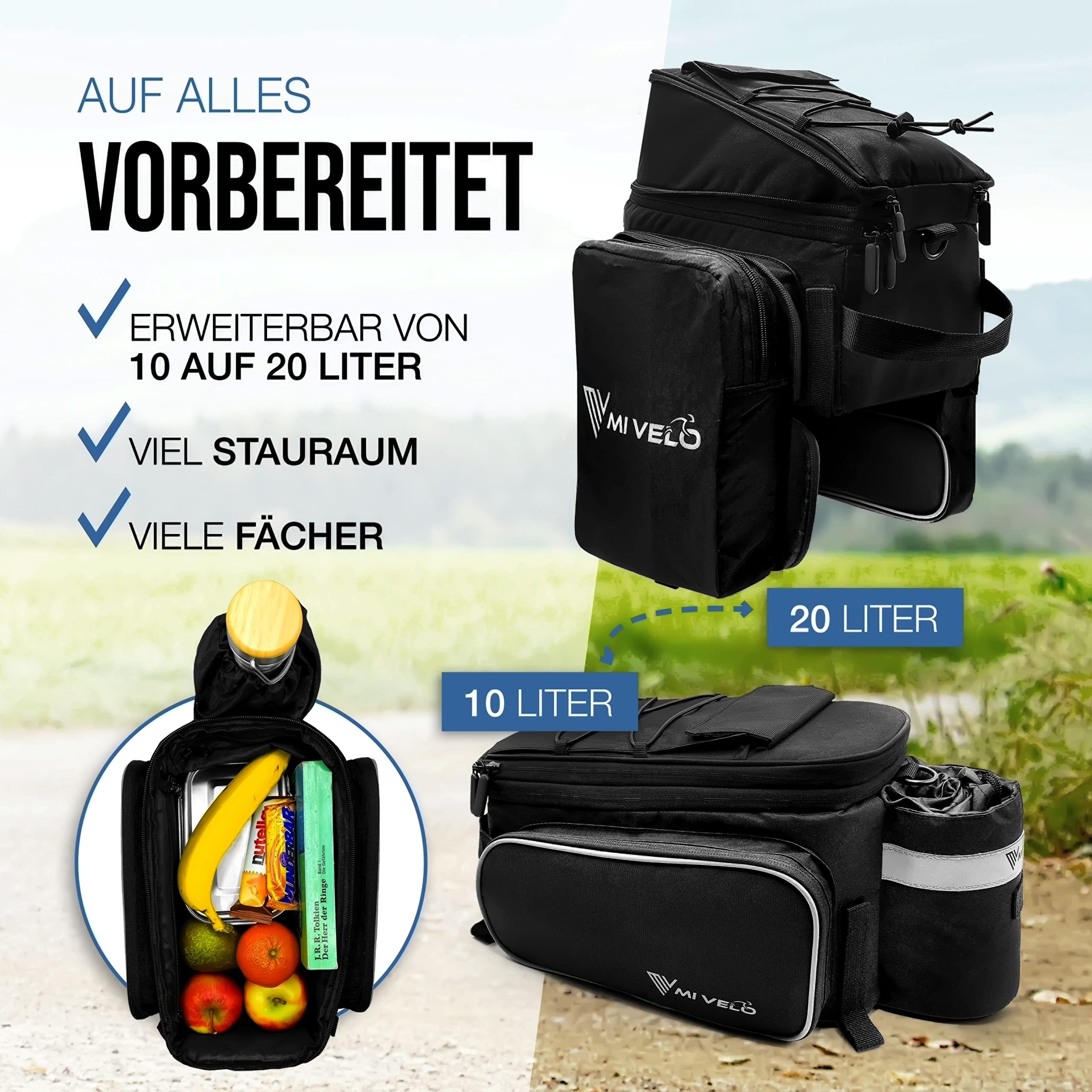 MIVELO - Fahrradtasche für Gepäckträger - Gepäckträgertasche Fahrrad - erweiterbar auf 20L - wasserabweisend - 20L schwarz