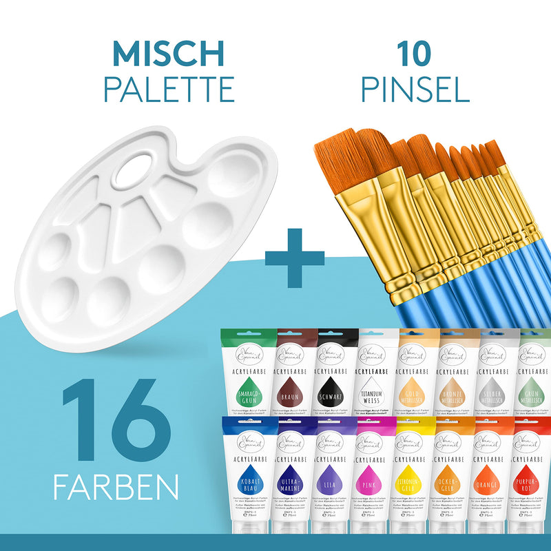 Amandi Van Gaunet Acrylfarben Set – 16 Acryl Farben mit 75ml Pigment & 10 Pinsel – Wasserfestes Acrylfarbenset für Papier, Stein, Holz, Keramik, Stoff, Leinwand & Glas – Schnell trocknend & ungiftig