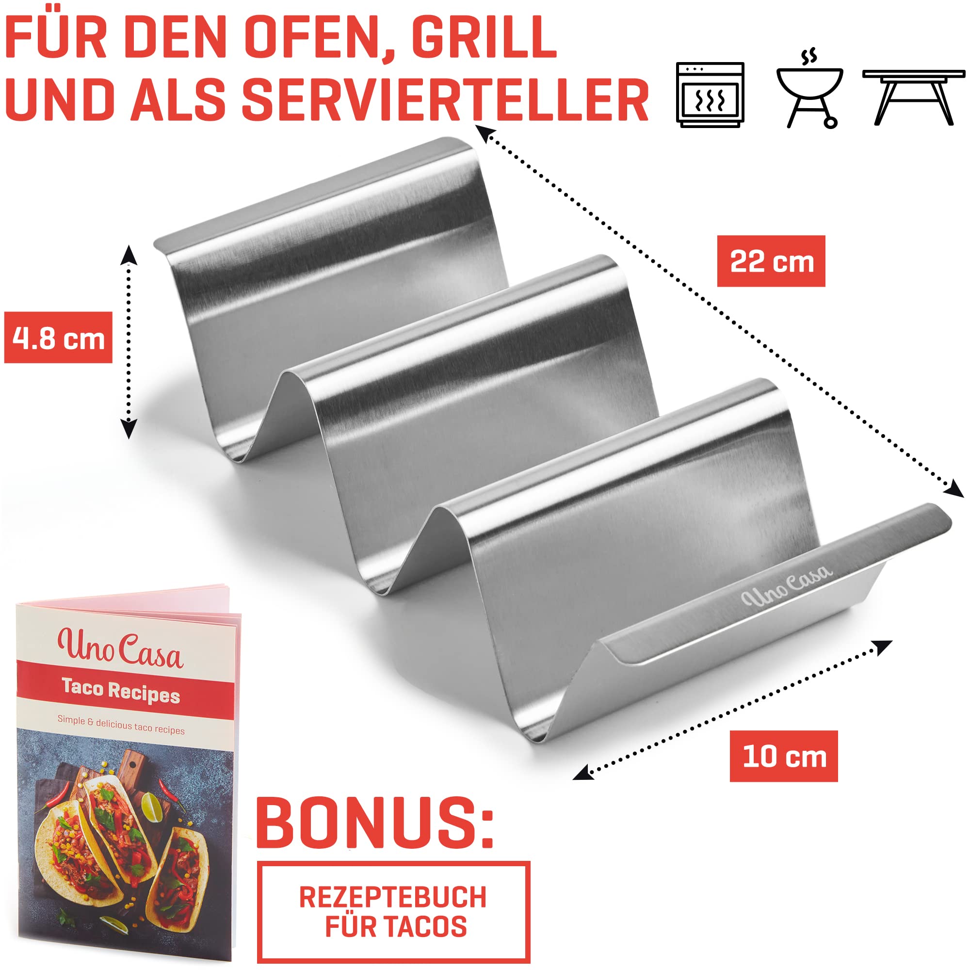 Uno Casa Taco-Halter 6er-Set - Taco-Halter aus Metall für Taco-Schalen, robuster Taco-Ständer für Taco-Dienstag oder als Taco-Schalenform - U-förmiges Taco-Rack und Rezeptbuch