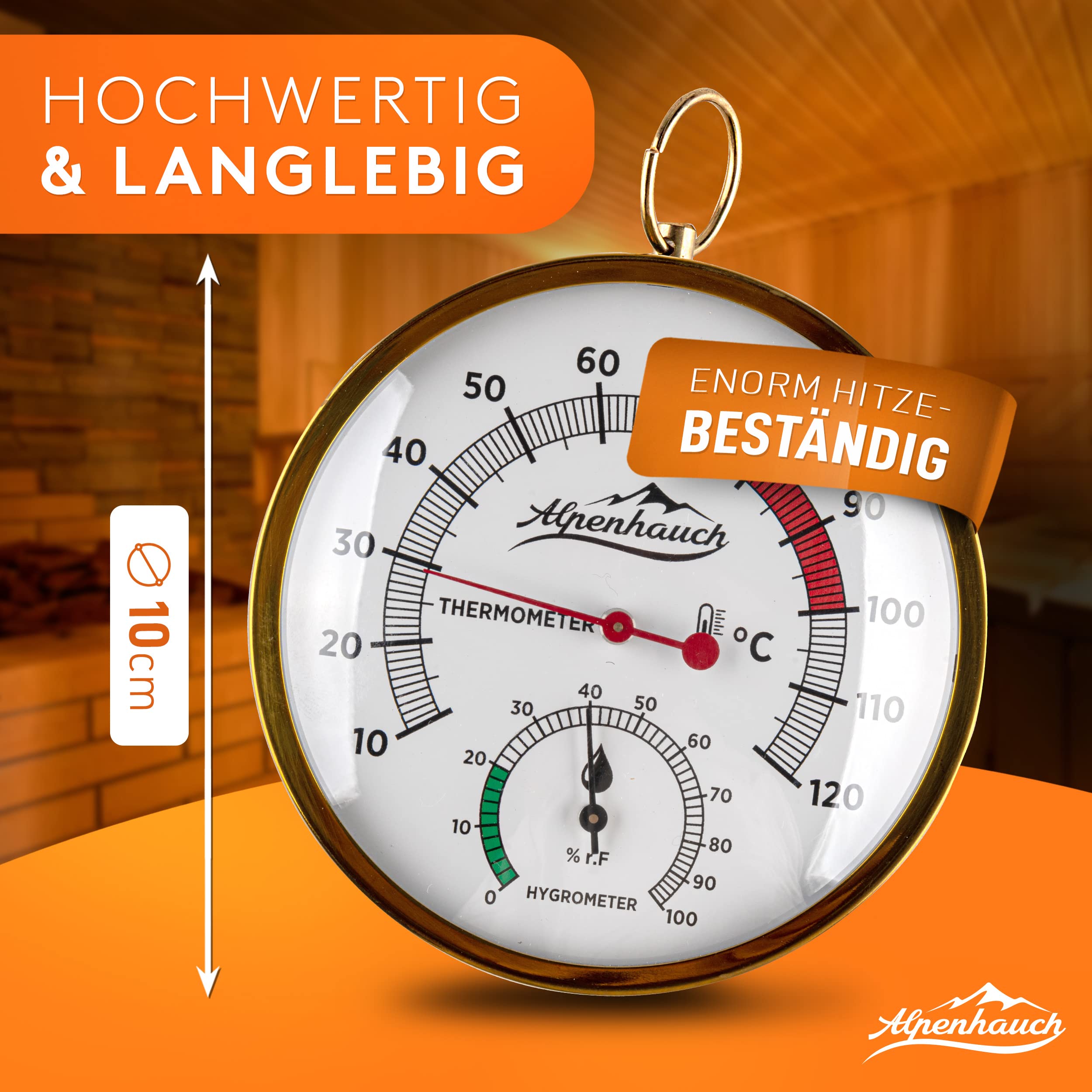 ALPENHAUCH Sauna Thermometer Hygrometer Holz [2in1 Funktion] - Besonders präzises Saunathermometer mit gehärtetem Glas - Automatische Kalibrierung - Edles Sauna Zubehör - Hygrometer Thermometer Sauna