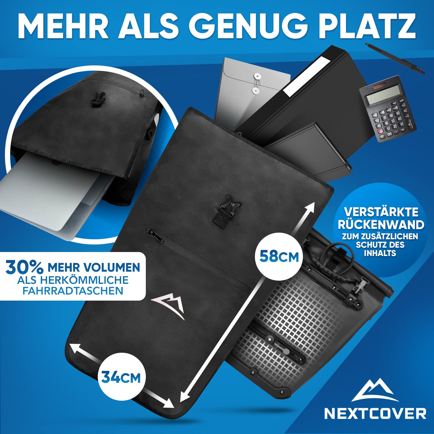 Nextcover® NEU Multifunktionale Fahrradtasche für Gepäckträger [27L] I Gepäckträgertasche für Fahrrad 100% Wasserdicht I Fahrrad Tasche mit Reflektoren inkl. abnehmbarem Schultergurt & Tragegriff