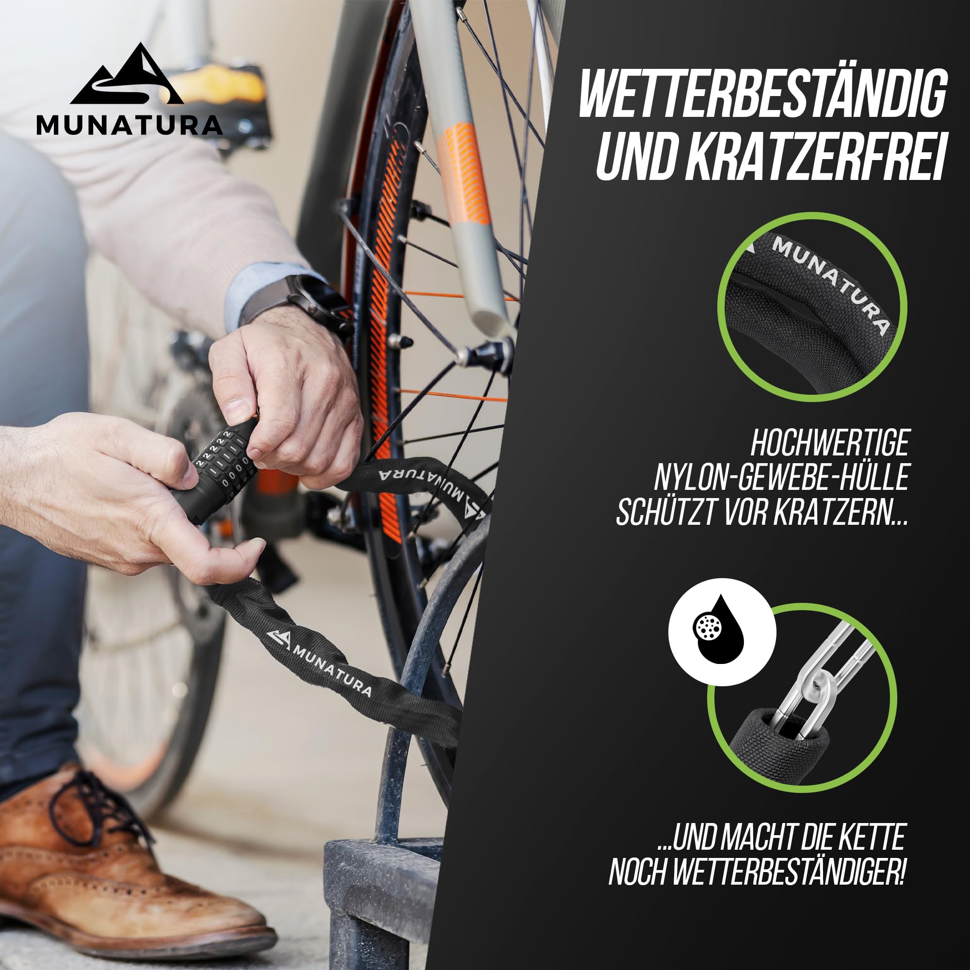 MUNATURA Fahrradschloss Zahlenschloss [100cm] - Fahrradschloss Hohe Sicherheit - Fahrrad Zahlenschloss - Bike Lock auch perfekt als E-Bike Schloss