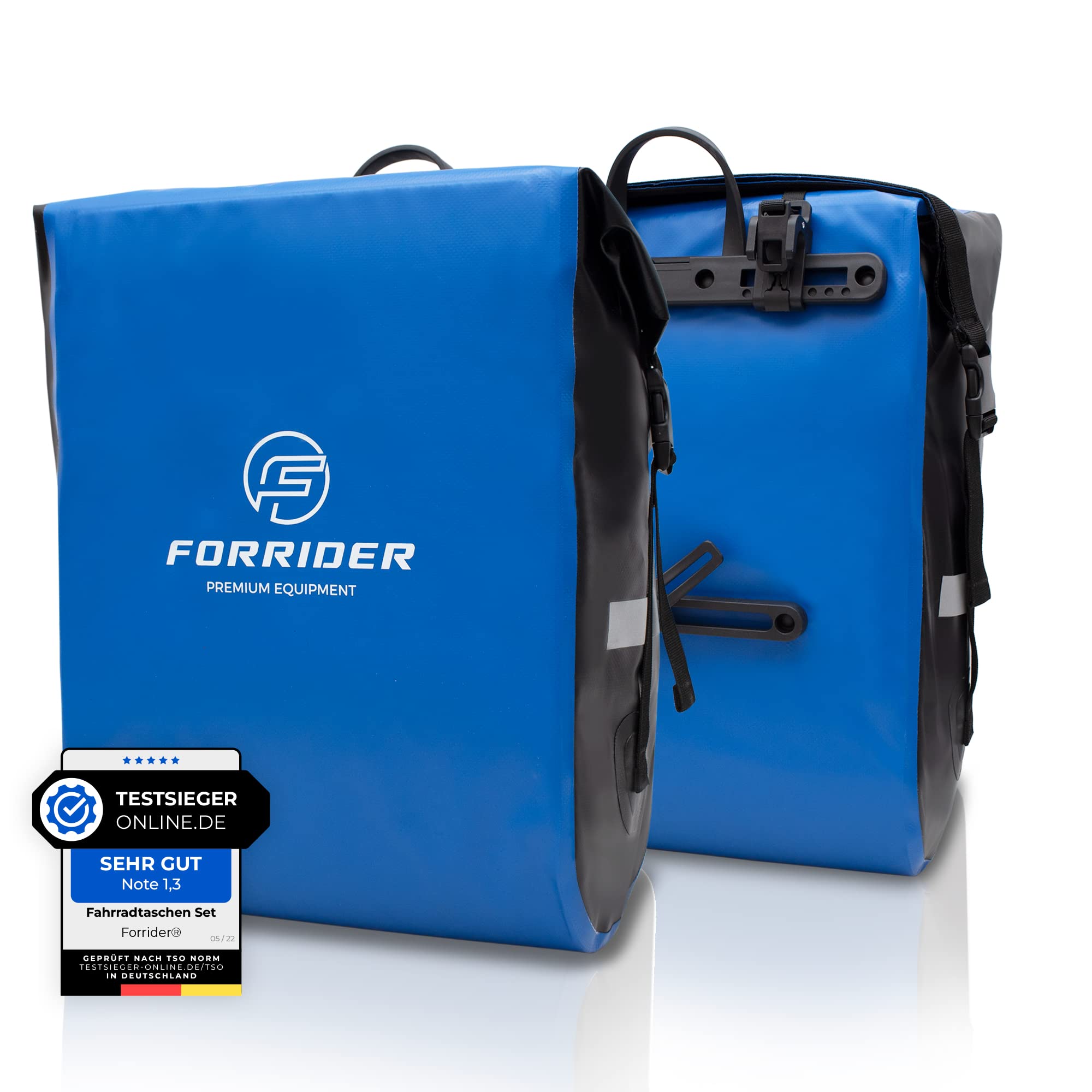 Forrider Fahrradtaschen für Gepäckträger - 100% Wasserdicht [2 Stück] 50L Volumen Premium Fahrrad Gepäckträgertaschen hinten Pack-Taschen Hinterradtaschen (Blau)