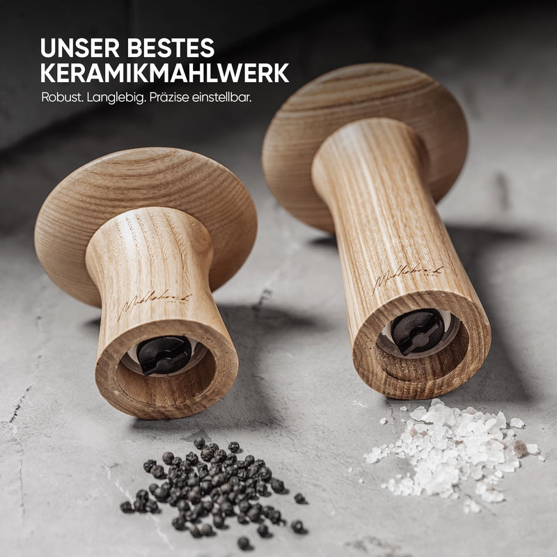 Mühlenbruch Design Salz und Pfeffermühle FSC HOLZ 15cm - 2er Set mit Pfeffer und Salzmühle - Manuelle Gewürzmühle Keramikmahlwerk - Küchenhelfer Geschenkidee Weihnachten - Esche - Pilzform Deko