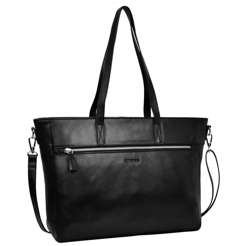 LEABAGS Leder Handtasche Damen I Premium Echtleder Shopper I Business Laptoptasche bis 15 Zoll I Damen Business Tasche I Tragetasche für Arbeit Uni Schule Freizeit oder Einkauf I Nappa Schwarz