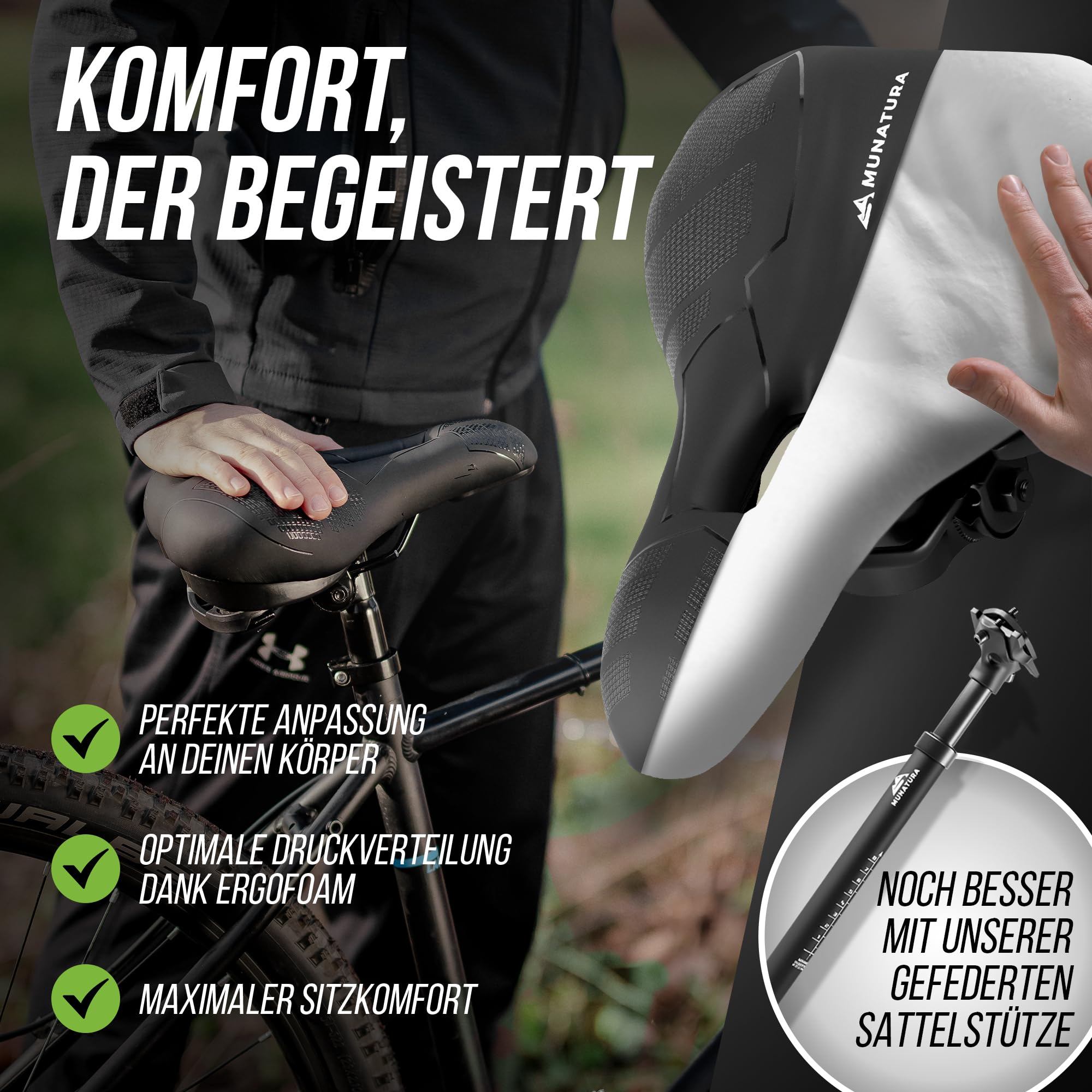 MUNATURA Fahrradsattel mit Memory Foam und Federung – Fahrradsattel Herren bequem – Ergonomischer und Wasserdichter Fahrrad Sattel - Fahrradsattel Damen