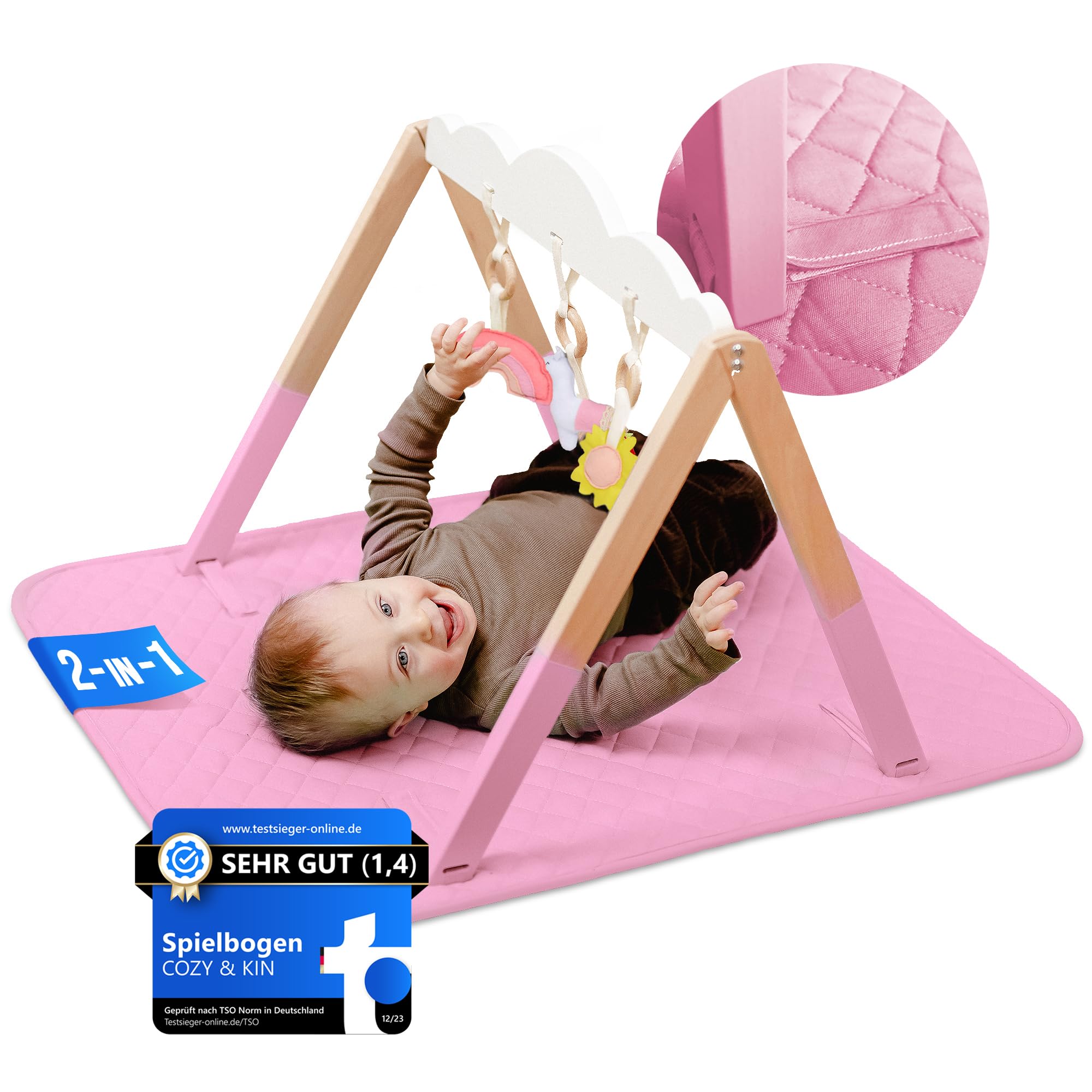 COZY & KIN® Spielbogen Baby Holz mit Spielmatte & Spielzeug für die sensorische Entwicklung - 2in1 Spielebogen ohne Umkippen | Krabbeldecke für Bauchlage, Rückenlage | Stabil & Standfest