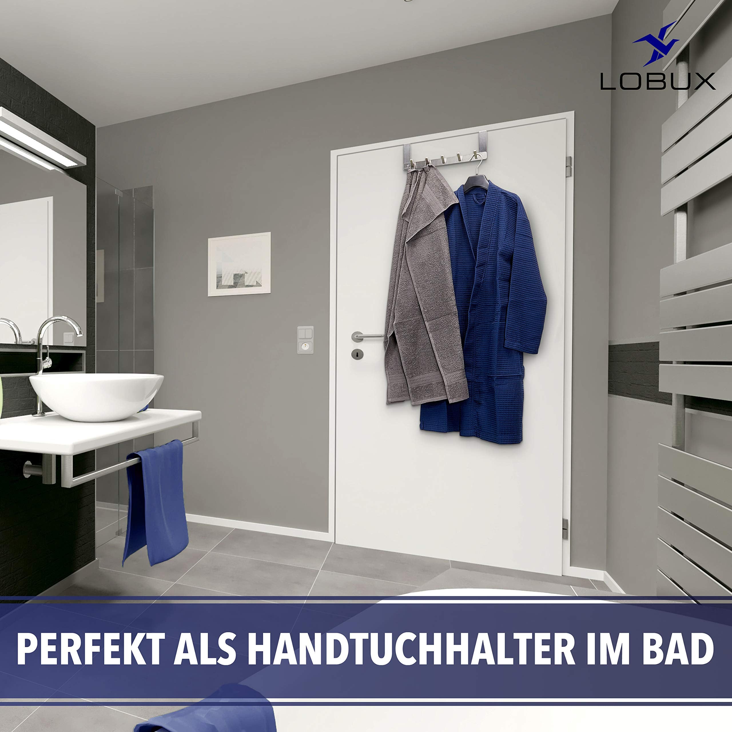 LOBUX® Premium Türgarderobe Edelstahl rostfrei - Türhakenleiste modernes Design - Kleiderhaken Tür ohne Bohren - Türhaken für Küche Flur Bad Wohnzimmer Schlafzimmer (Türfalzstärke bis 2cm)