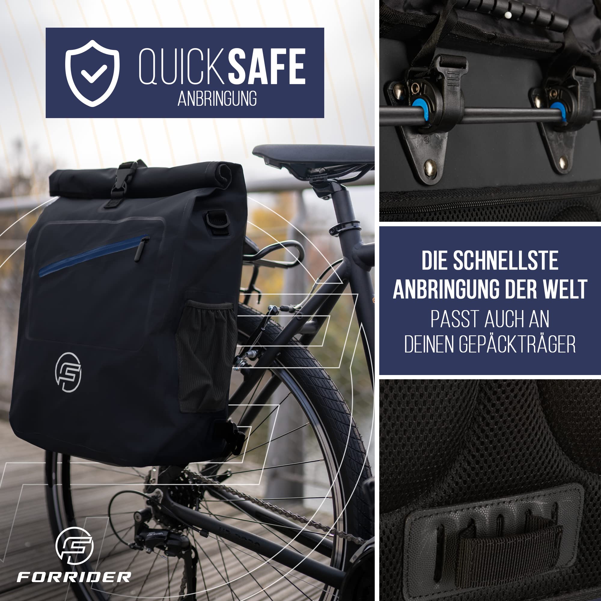 Forrider 3in1 Fahrradtasche für Gepäckträger mit Rucksack Wasserdicht 27L I Gepäckträgertasche Reflektierend I Sattel Tasche fürs Fahrrad