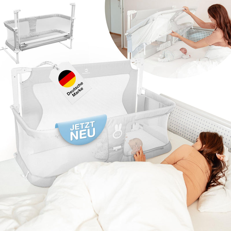 BabybeFun Beistellbett Baby [Stillen im eigenen Elternbett] Babybett für Boxspringbett und normales Bett mit Überrollschutz [Extra Sicher] Rausfallschutz Bett | Kinderbett Alternative