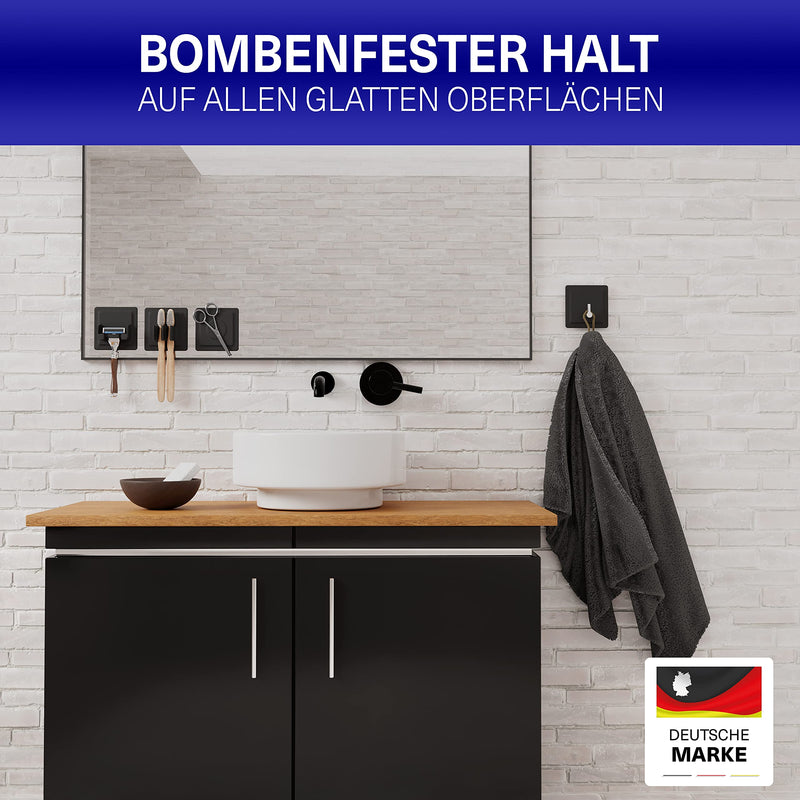 LOBUX® - 4in1 Badezimmer Halter Set selbstklebend [Soft-Touch Silikon], superfester Halt - Bad Organizer enthält: Rasierhalter, Zahnbürstenhalter, Haken, Neodym Magnet (schwarz)