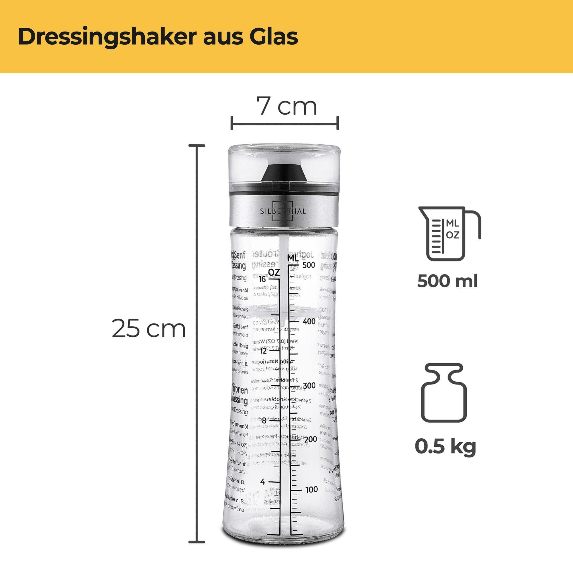 SILBERTHAL Dressingshaker aus Glas mit Rezepten – 500 ml – Spülmaschinenfest - Neuer Deckel & Neue Rezepte