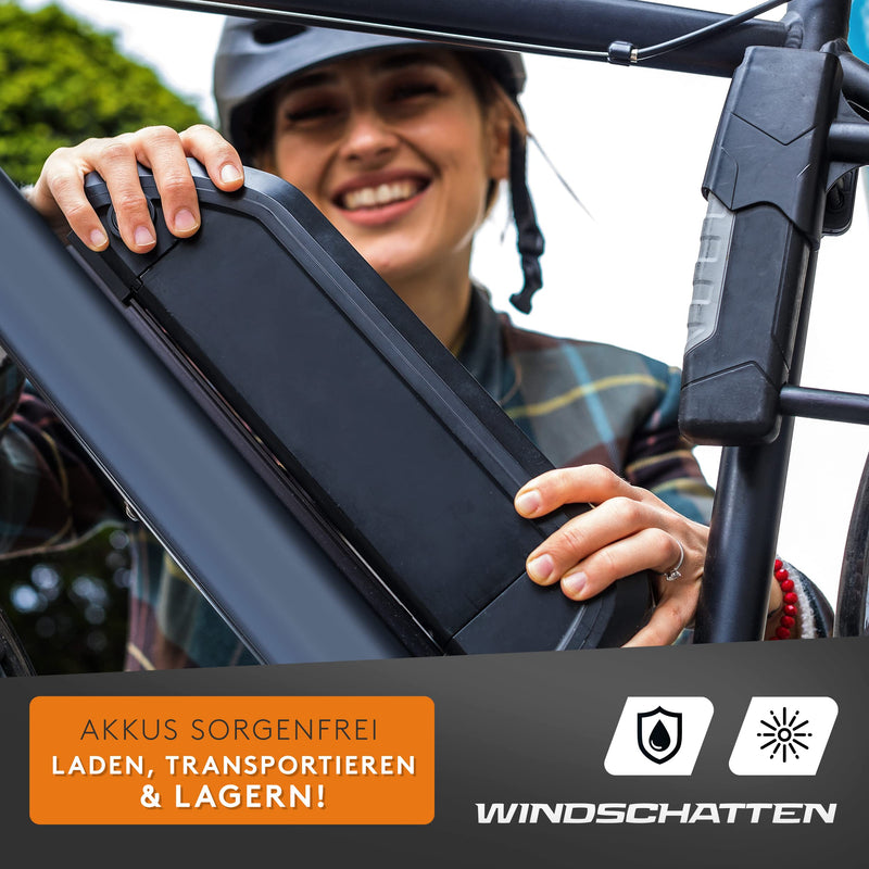 WINDSCHATTEN® - eBike Akku Tasche [zwei Größen] - e-Bike Akku Schutzhülle - Sicher Laden dank Kabeldurchführung - Akkutasche eBike Fahrrad mit Reißverschluss & Reflektoren