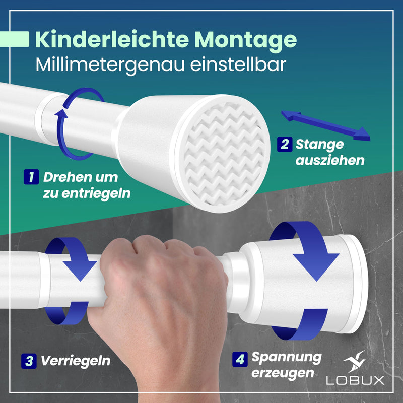 LOBUX® - Gardinenstange ohne bohren [weiß, 110-250cm] – Teleskopstange Vorhang ausziehbar – Duschstange ohne bohren – Vorhangstange, Duschvorhangstange, Kleiderstange, Klemmstange Katzennetz