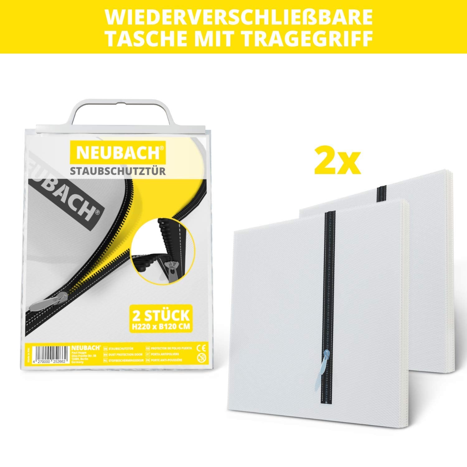 NEUBACH® 2x Staubschutztür mit Reißverschluss -120 x 220 cm I Da besonders dicht, der zuverlässigste Staubschutz I Unsere Staubtür mit Reißverschluss ist perfekt anpassbar