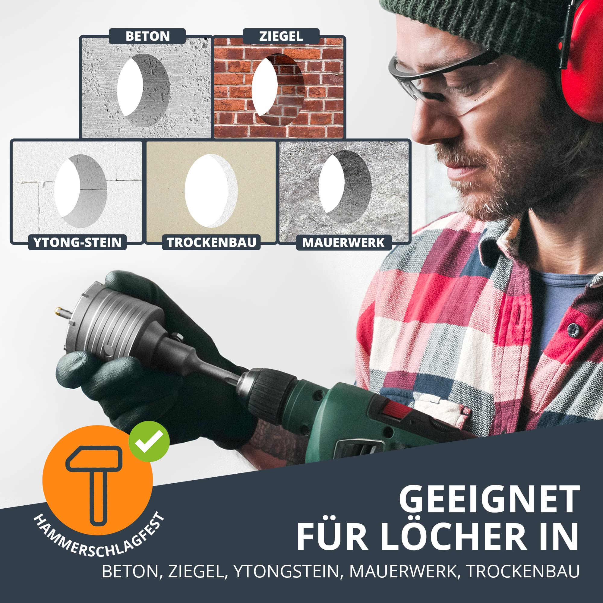 BAURIX® Hohl-Bohrkrone 68mm SDS Plus [8 Karbid-Zähne] I Dosensenker Hammerschlagfest I Für Unterputzdosen, Steckdosen I Mauerwerk, Stein, Beton, Trockenbau, Ytong I Steckdosenbohrer, Kronenbohrer