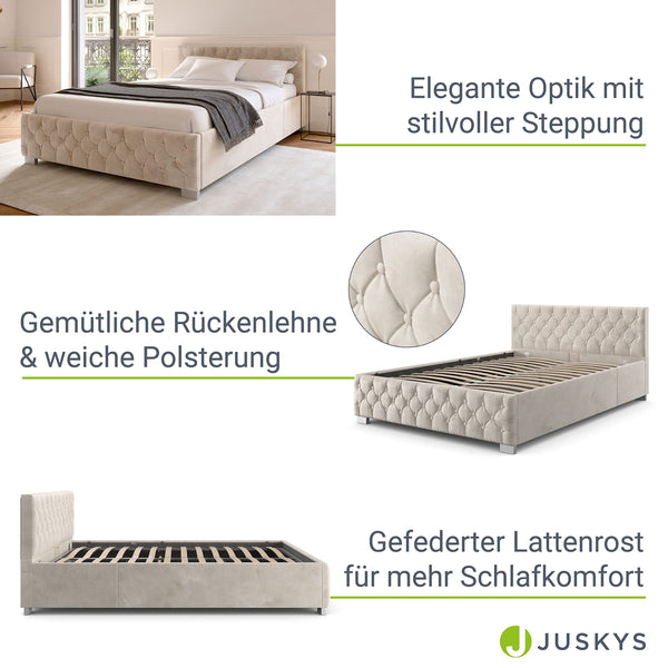 Juskys Polsterbett Nizza 140x200 cm - Bettgestell mit Lattenrost, Bettkasten & LED Beleuchtung - Bett mit Samtbezug & Chesterfield-Steppung - Beige