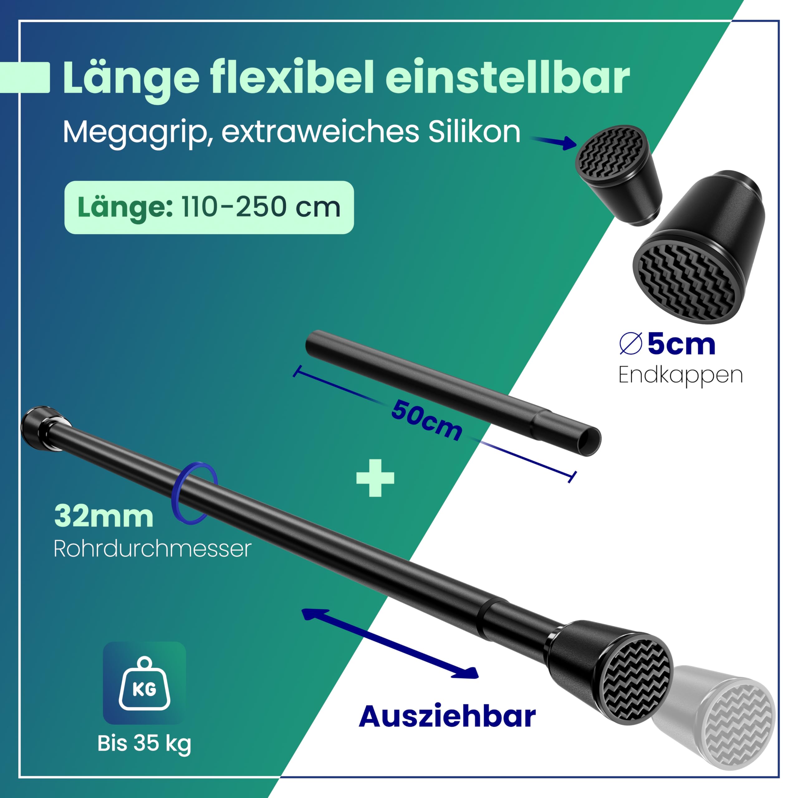 LOBUX® - Gardinenstange ohne bohren [schwarz, 110-250cm] – Teleskopstange Vorhang ausziehbar – Duschstange ohne bohren – Vorhangstange, Duschvorhangstange, Kleiderstange, Klemmstange Katzennetz