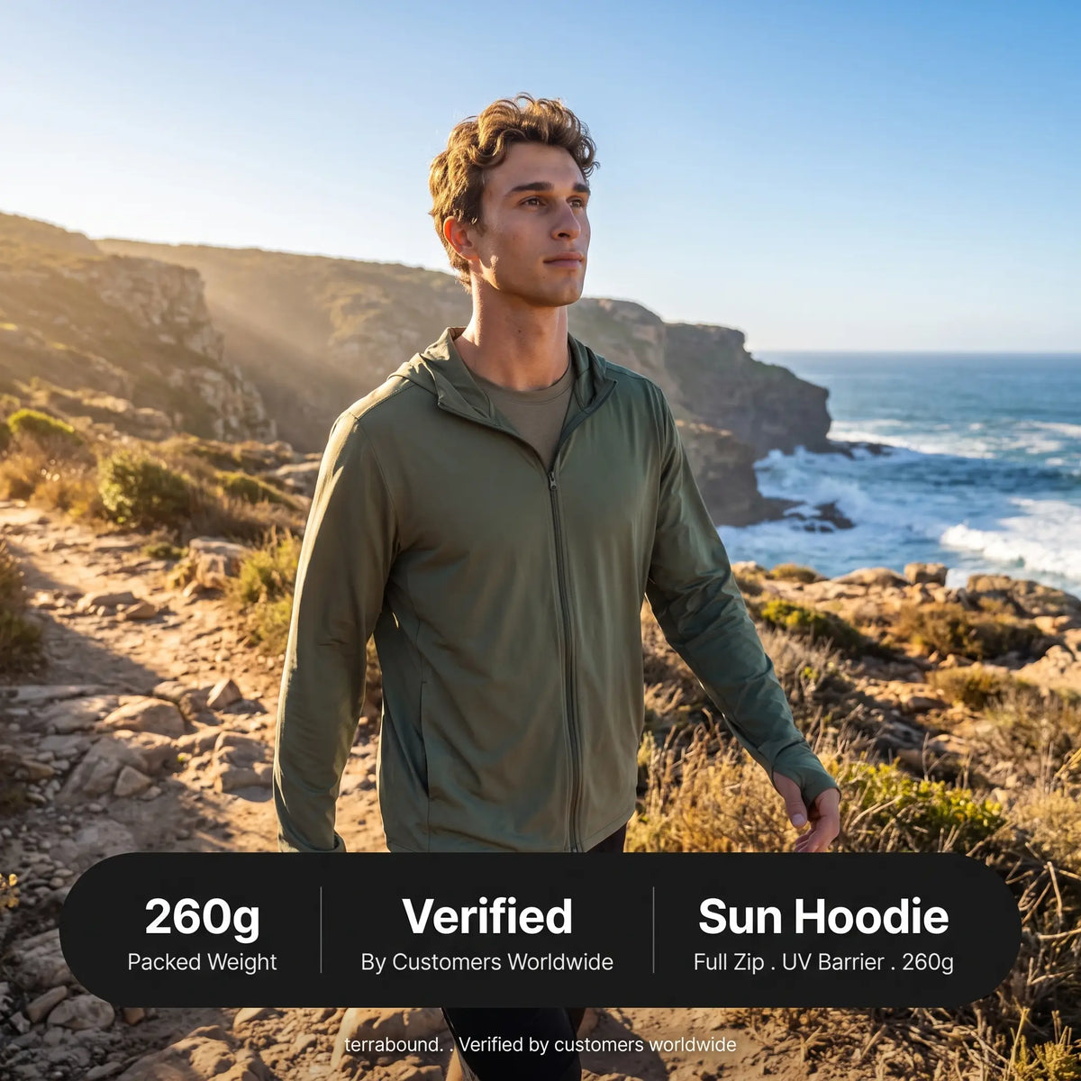 Herren Sonnenhoodie mit durchgehendem Reißverschluss – UPF 50+ belüftete Wander- und Angeljacke