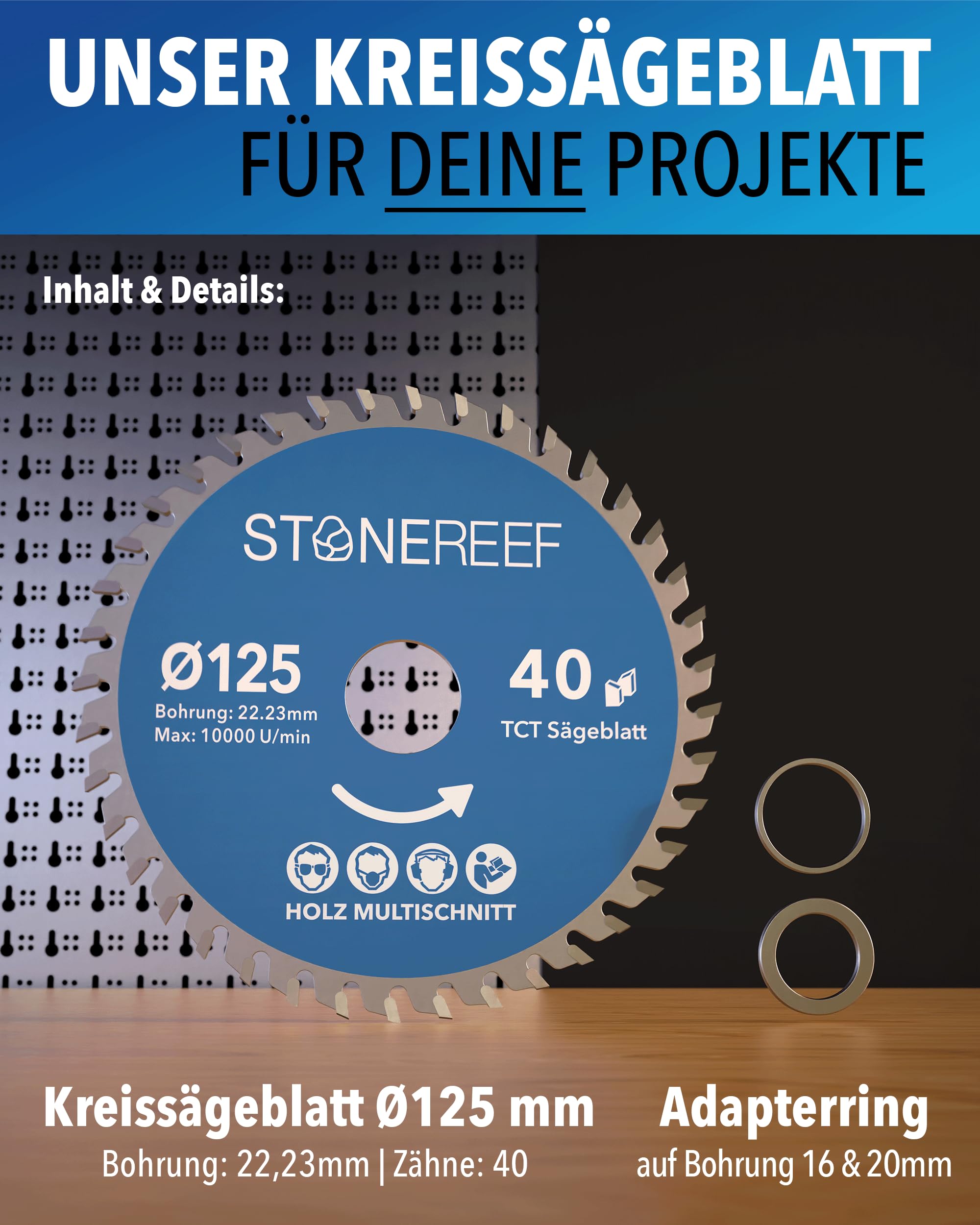 STONE REEF Sägeblatt 125x22,23 - Kreissägeblatt [inkl. Adapter auf Bohrung 20 &16mm], kompatibel mit Winkelschleifer von Bosch, Makita usw. - Sägeblatt Kreissäge Nagelfest - für Holz, Metall & Alu