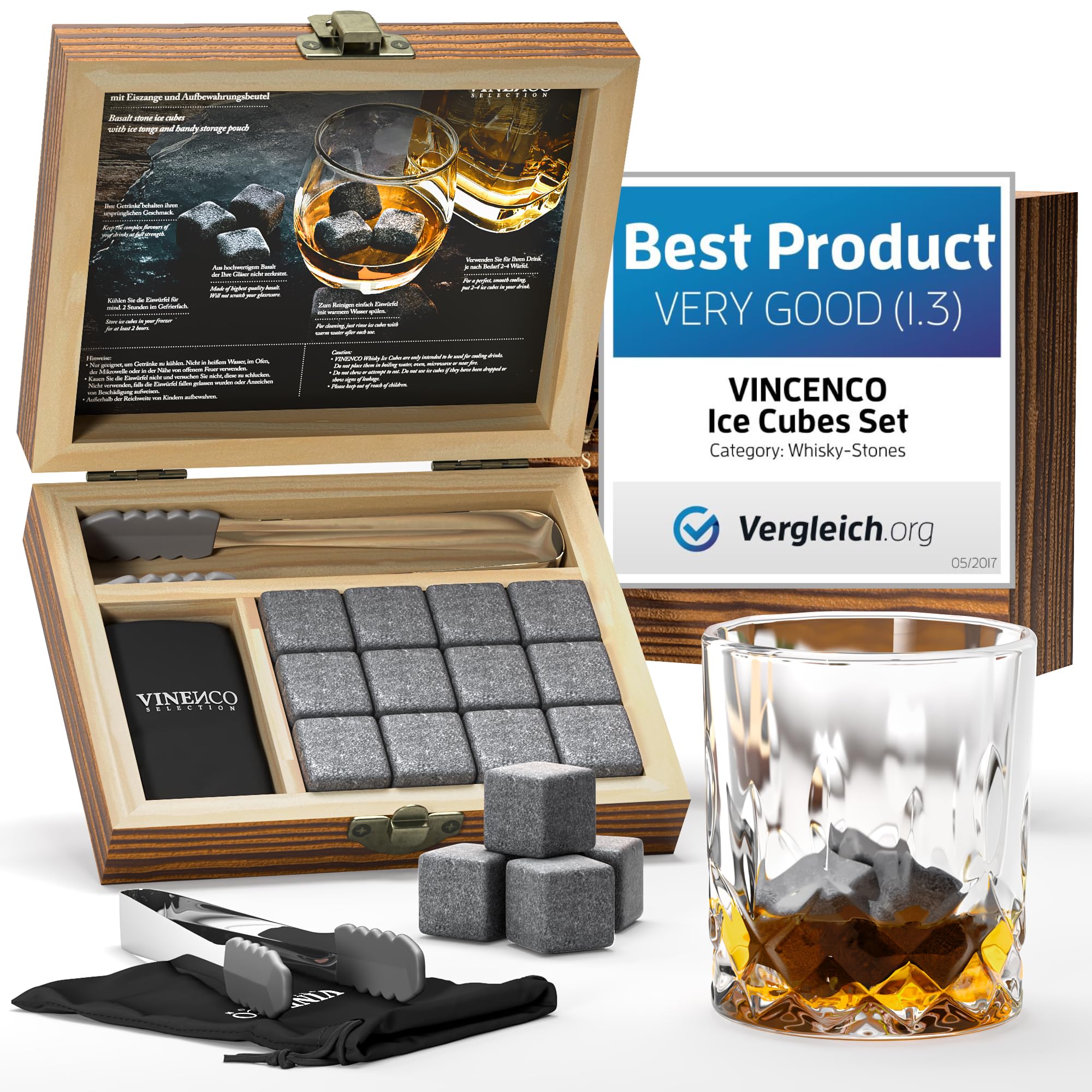 Whisky Steine Set - 12 Wiederverwendbare Basalt Eiswürfel, Zange + Stoffbeutel, Whiskey Ice Cubes Kühlsteine Bar Zubehör Cocktail Rocks Gin Stones Dekorationszubehör Geschenk Whiskysteine