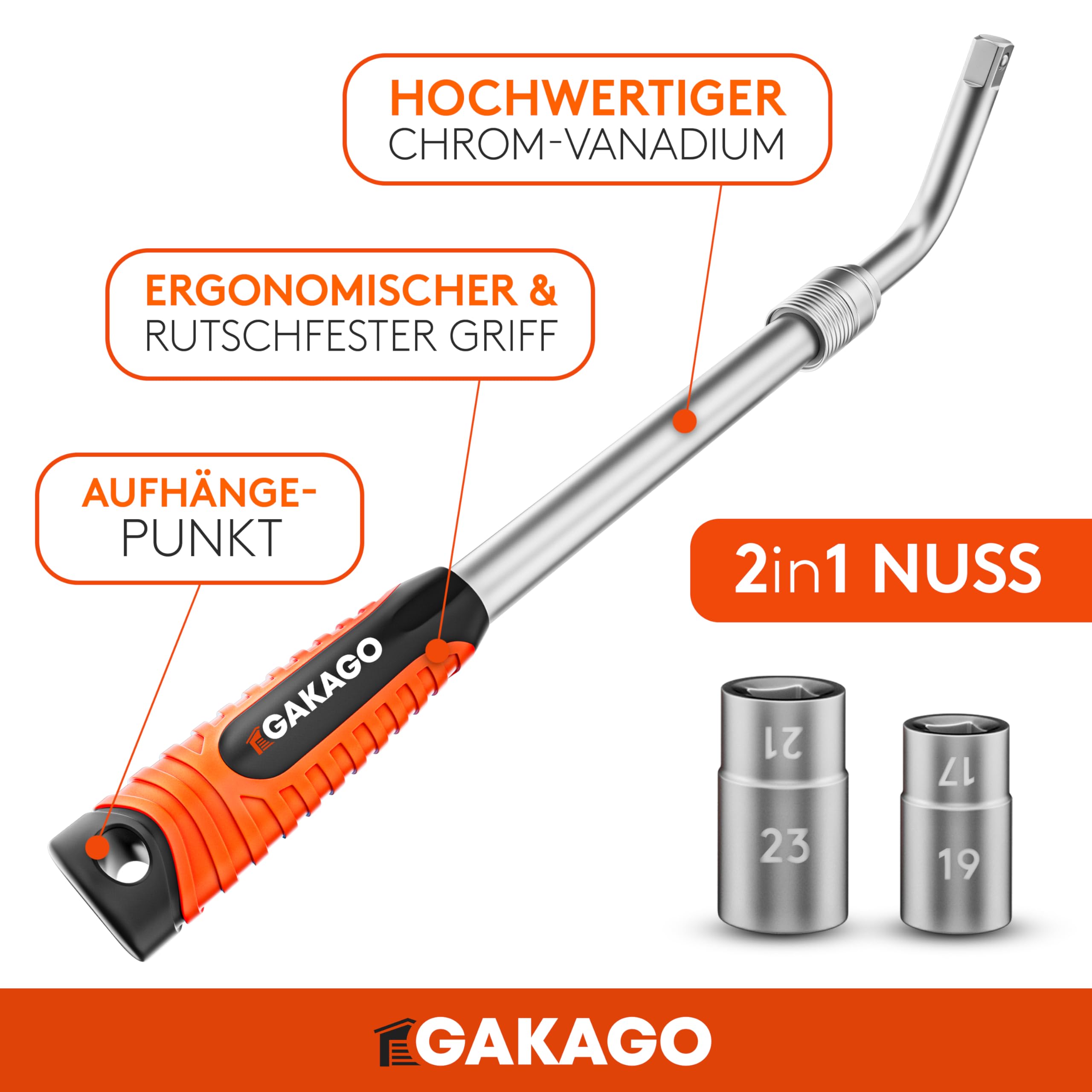 Gakago Teleskop Radmuttern-Schlüssel Set mit 17/19mm & 21/23mm Steckschlüssel-Einsatz 1/2 Zoll - Extra langer ausziehbarer Radschlüssel - Praktische Aufbewahrungstasche mit Klett und Aufhängeöse