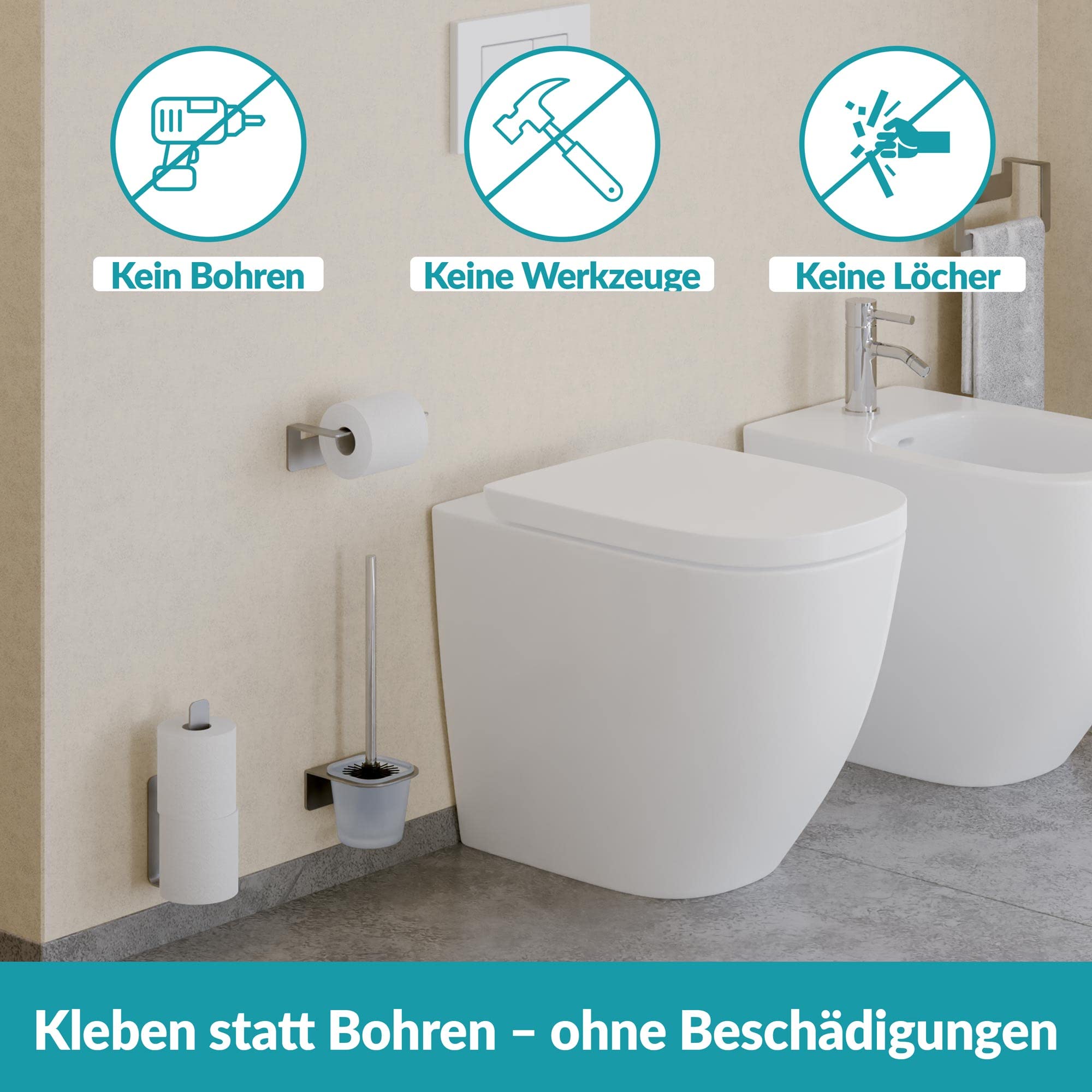 WEISSENSTEIN Toilettenbürstenhalter Set zur Wandmontage ohne Bohren - WC-Garnitur Set mit Bürste, Bürstenhalter aus Glas, Edelstahl Halterung zum Kleben