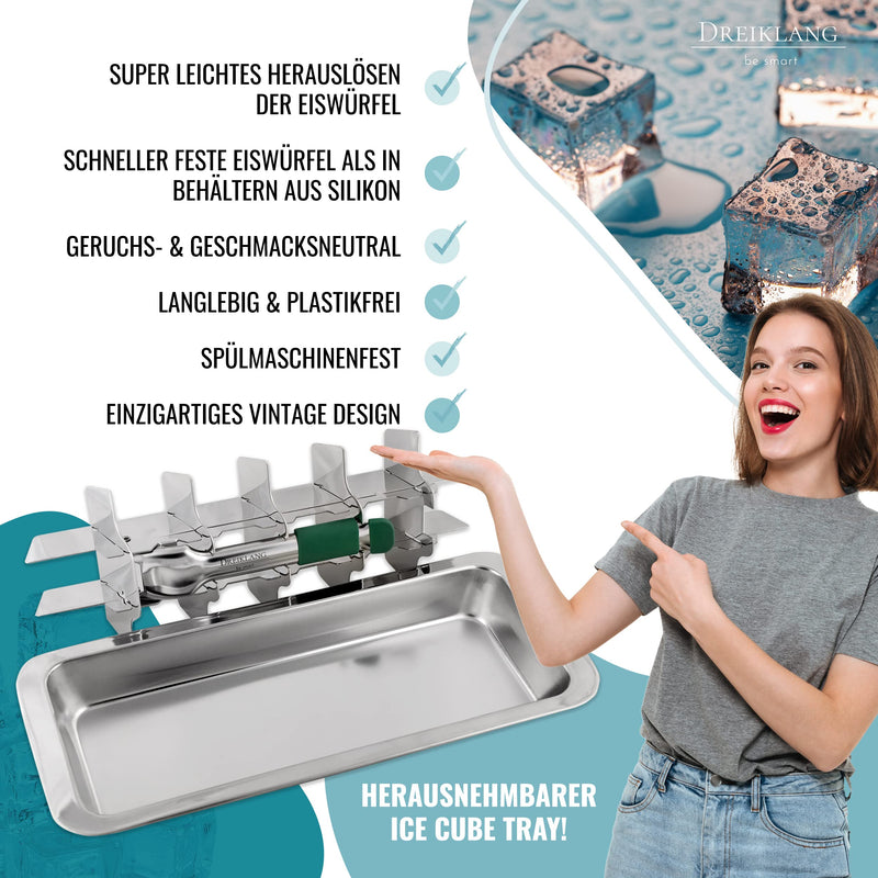 Dreiklang - be smart® Polierte 18/8 Edelstahl Eiswürfelform mit Hebeleinsatz für müheloses Entnehmen I kälteschonenden Komfortgriff I Lebensmittelecht & langlebige Retro Eiswürfel-Form I Plastikfrei