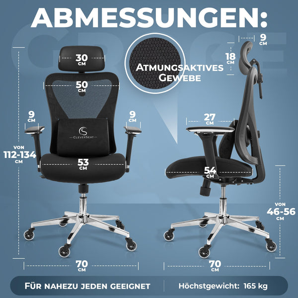 CLOUVOU CleverSeat Bürostuhl Ergonomisch | Schreibtischstuhl [Verstellbare 4D Chrom-Metallarmlehne, Blade Wheels] | Büro Stuhl, Computerstuhl Höhenverstellbar & Rückenschonend, Drehstuhl 150 kg