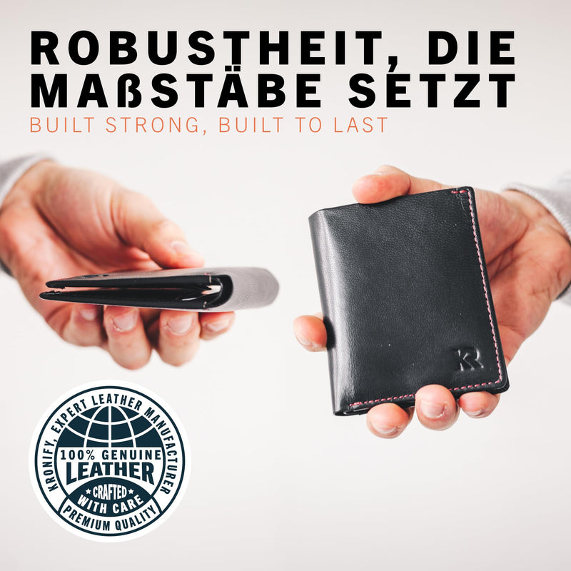 KRONIFY Leder Geldbörse Herren I Echtleder Geldbeutel I RFID Schutz I Mini Querformat I Portmonee ohne Münzfach I 8 Kartenfächer I Männer Portemonnaie I Geschenk Box I Nappa Schwarz/Rot