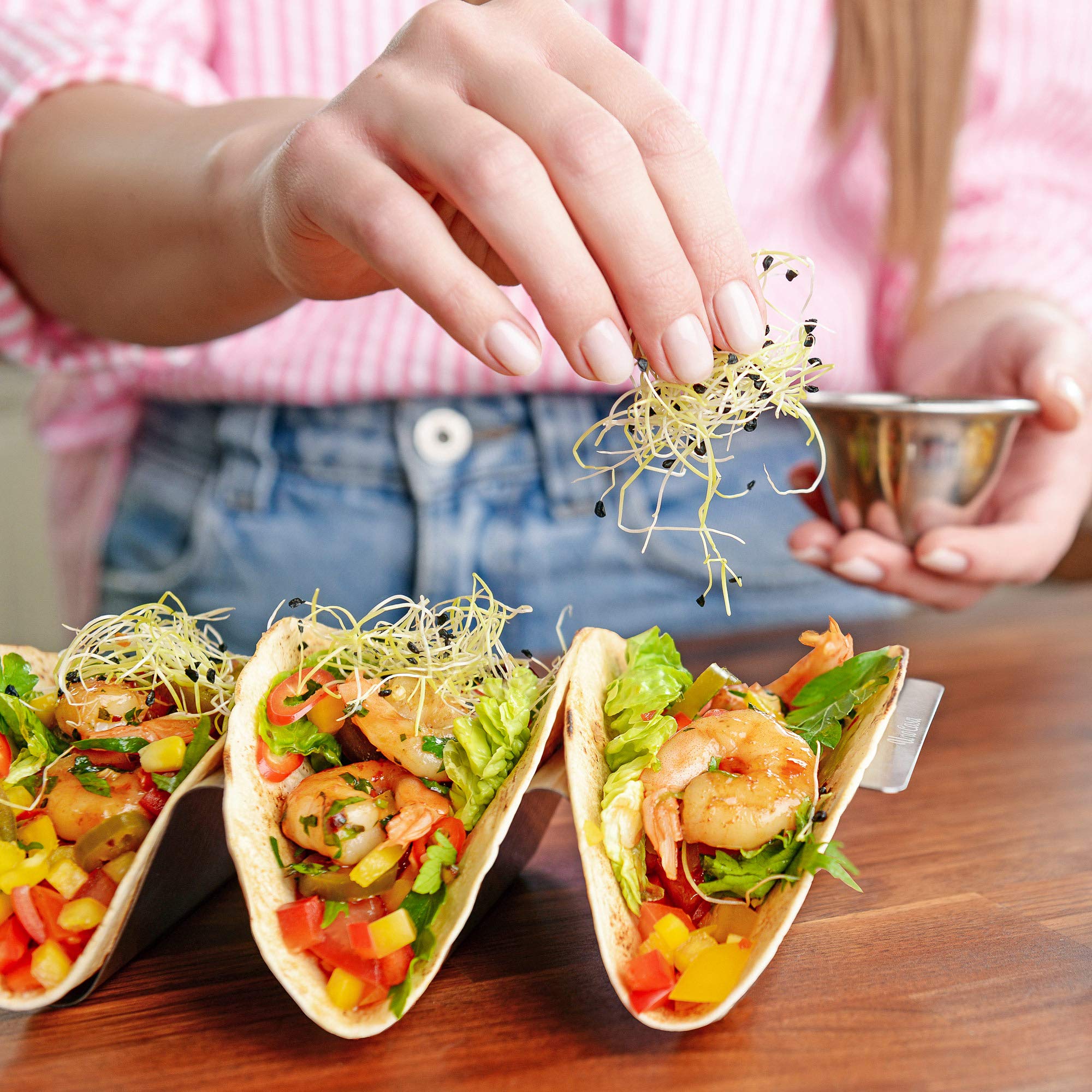 Uno Casa Taco-Halter 6er-Set - Taco-Halter aus Metall für Taco-Schalen, robuster Taco-Ständer für Taco-Dienstag oder als Taco-Schalenform - U-förmiges Taco-Rack und Rezeptbuch