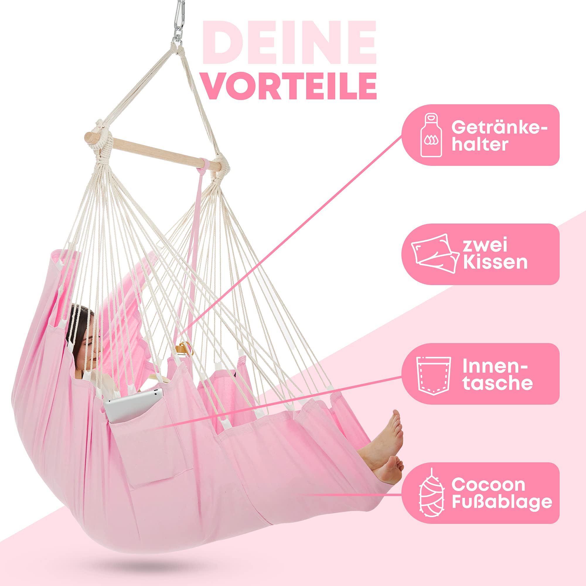 Elements by NearDistance® Hängesessel, Hängestuhl Indoor Outdoor für Erwachsene & Kinder, mit Fußablage & Kissen (Pink)