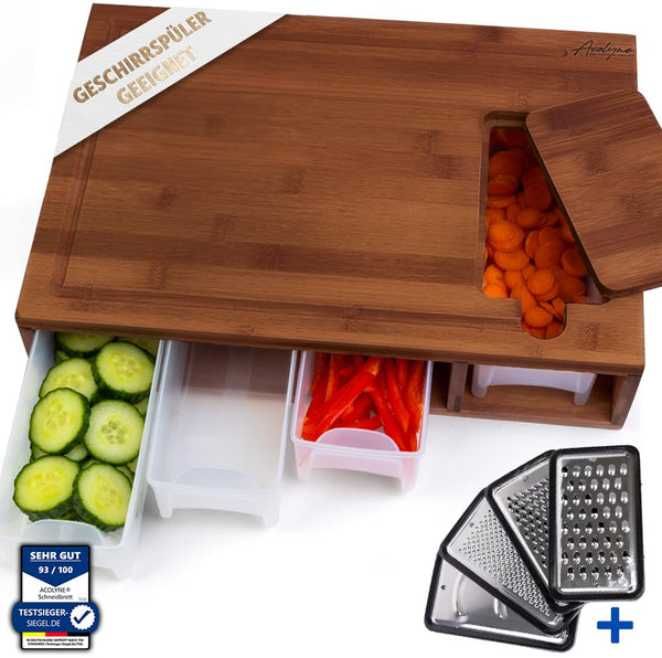 𝐀𝐜𝐨𝐥𝐲𝐧𝐞® XXL Schneidebrett mit Auffangschale aus hoch KARBONISIERTEN BAMBUS mit 4x Schäler-Aufsatz und Abdeckung | Frankfurter Brett | Schneidebrett Holz | Cutting board